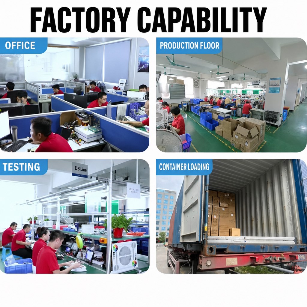 Goldwill facility in Dongguan: office, production floor, testing area and container loading